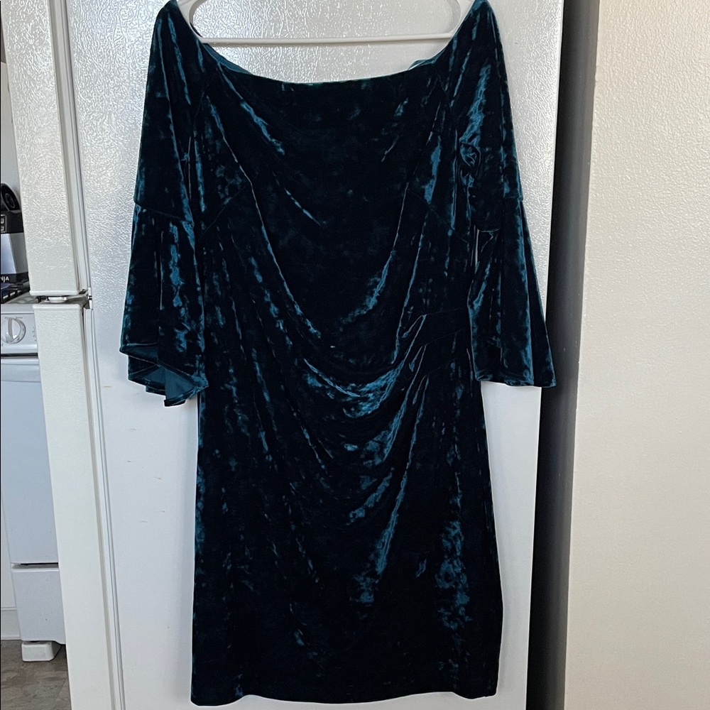 Lauren Ralph Lauren Size 14 Off Shoulder Dark Teal Velvet Midi Dress